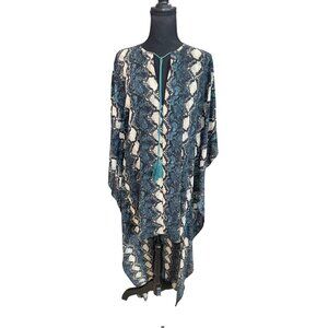Green White Snake Print High-Low Resort Leisure Beach Kaftan Tassel Womens S/M